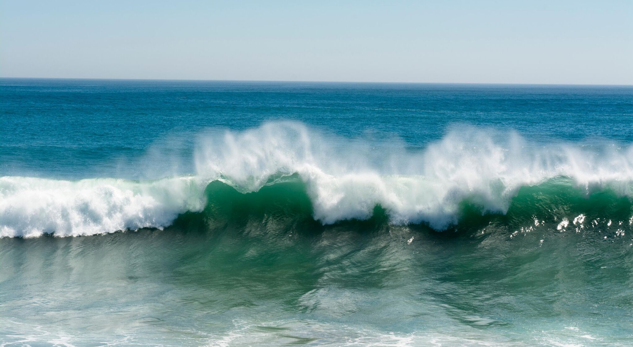 A beautiful and powerful turquoise wave in high winds curls while white spray mist forms and at its crest in Huntington Beach.